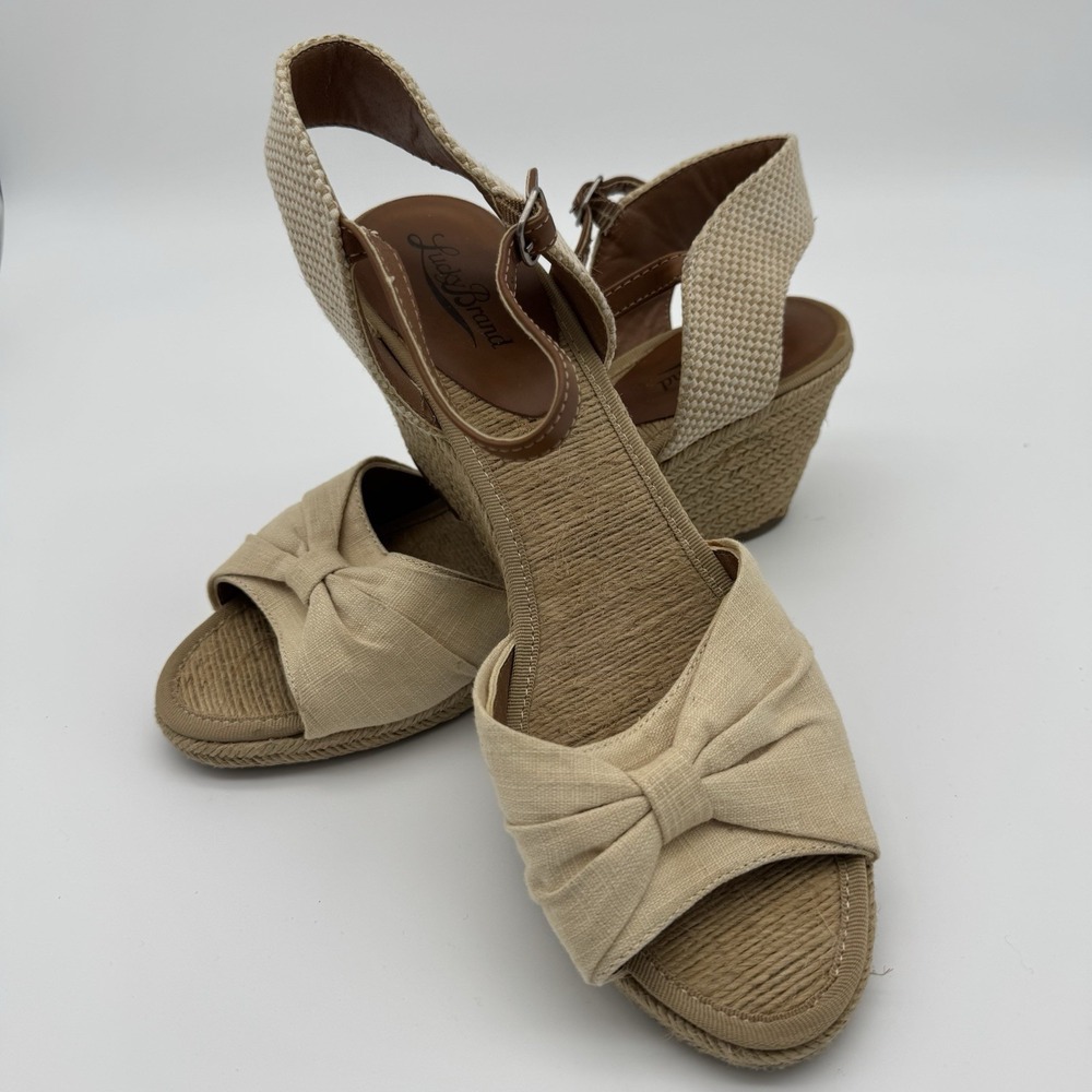 Lucky Brand Kavala Espadrille Jute Wedge Sandals Cream‎ Bow Womens Size 10 B